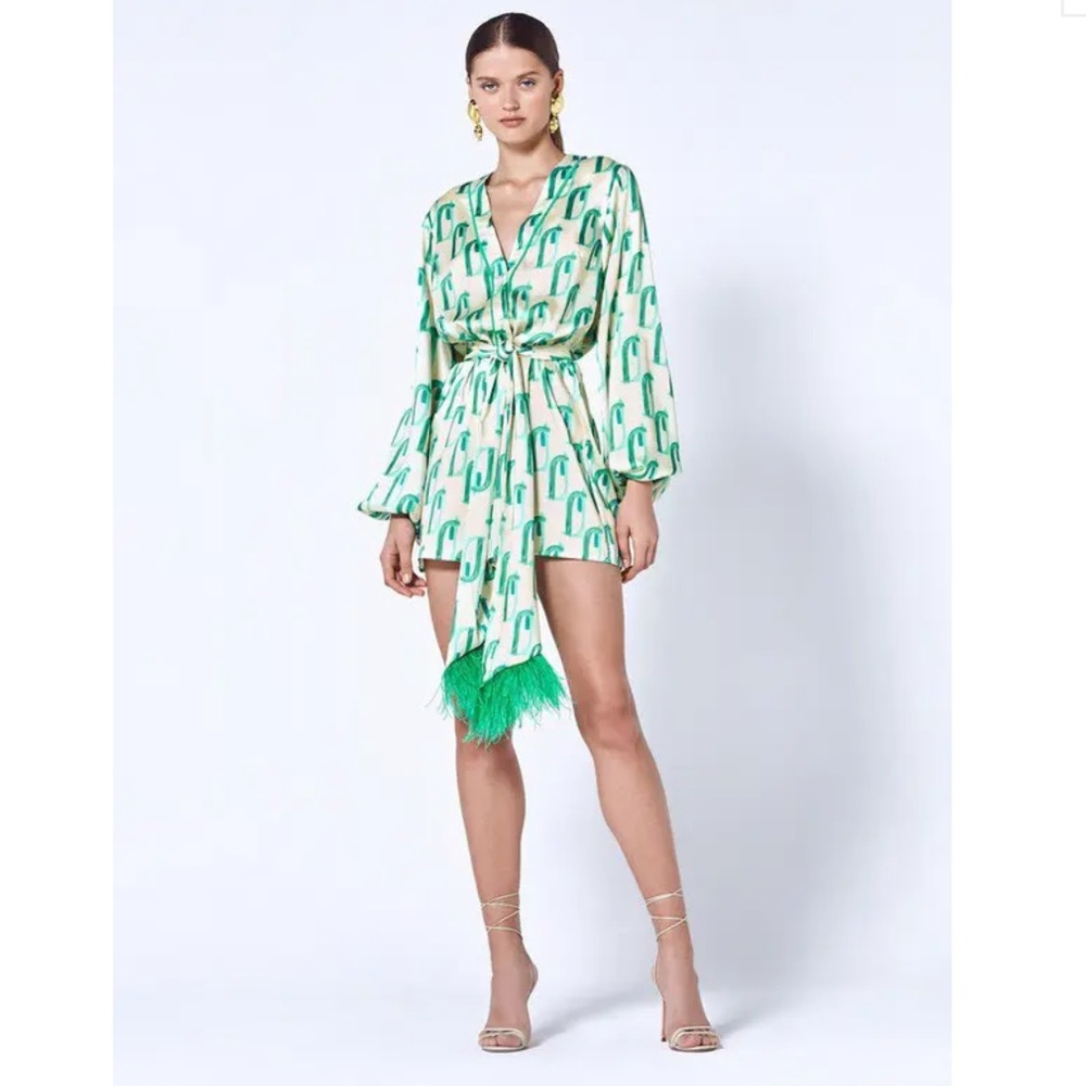 Alexis Ivory and Green Mini Dress with Feather Trim
